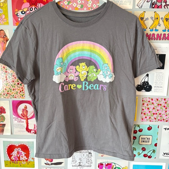 Care Bears Tops - CARE BEARS Y2K Retro Style Grey Rainbow Graphic Nostalgic Cartoon Tee